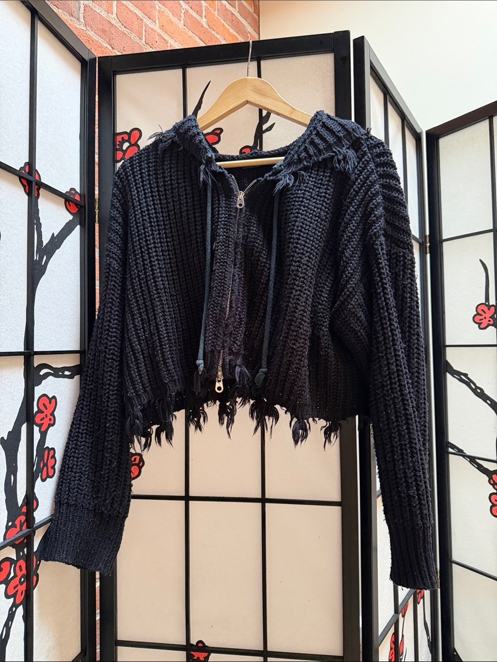 Cropped Distressed Black Zip-Up Hoodie Sweater